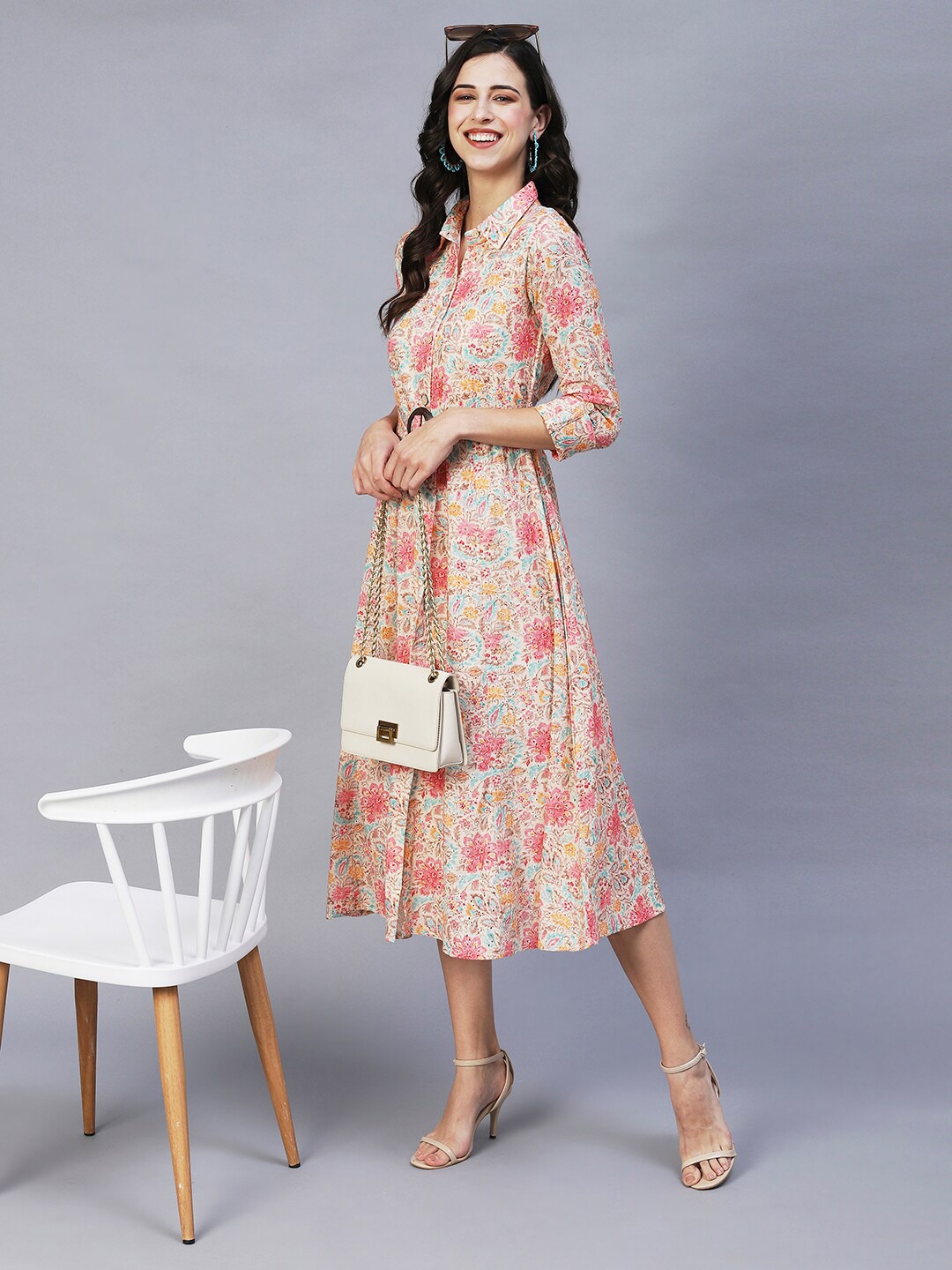 

INDYES Women Beige & Red Floral A-Line Midi Dress