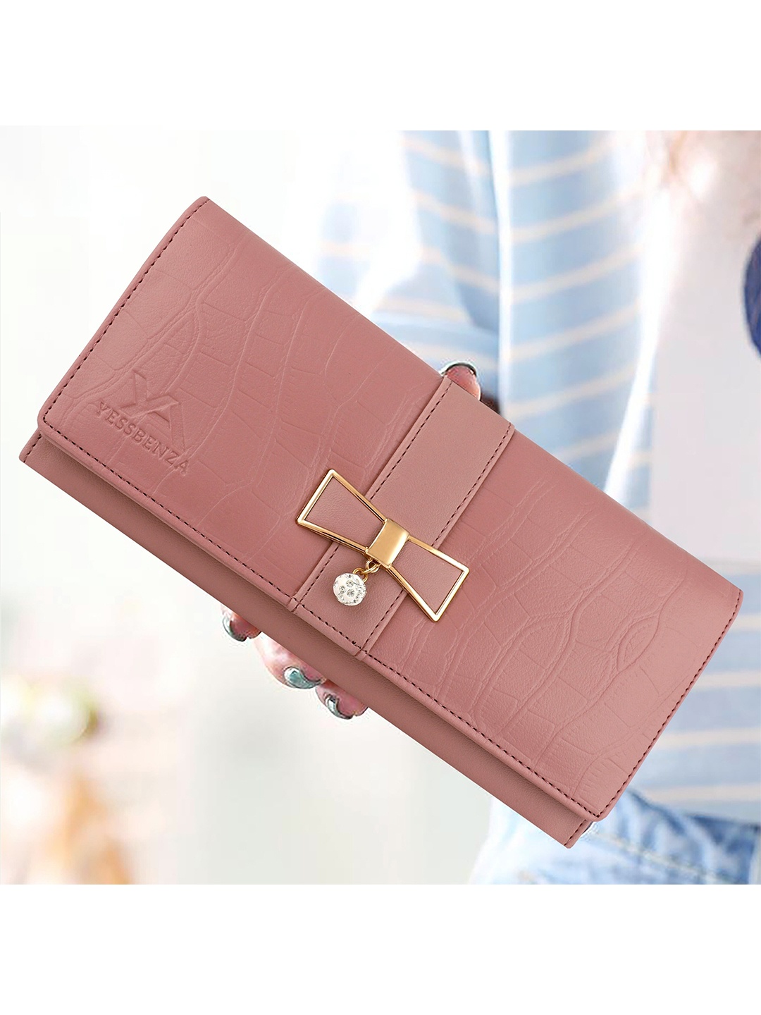 

YESSBENZA Women Peach & Gold-Toned Bow Detail Two Fold Wallet with Passport Holder