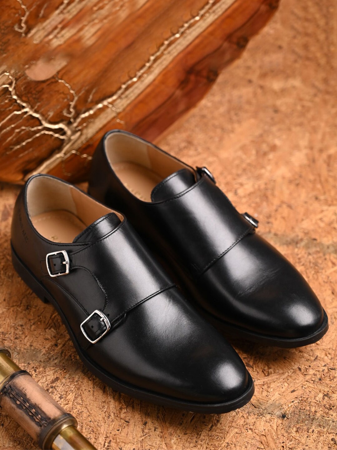 

RAPAWALK Men Black Solid Leather Monk Shoes