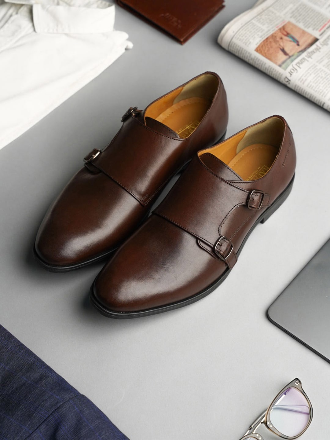 

RAPAWALK Men Brown Solid Leather Monk Shoes