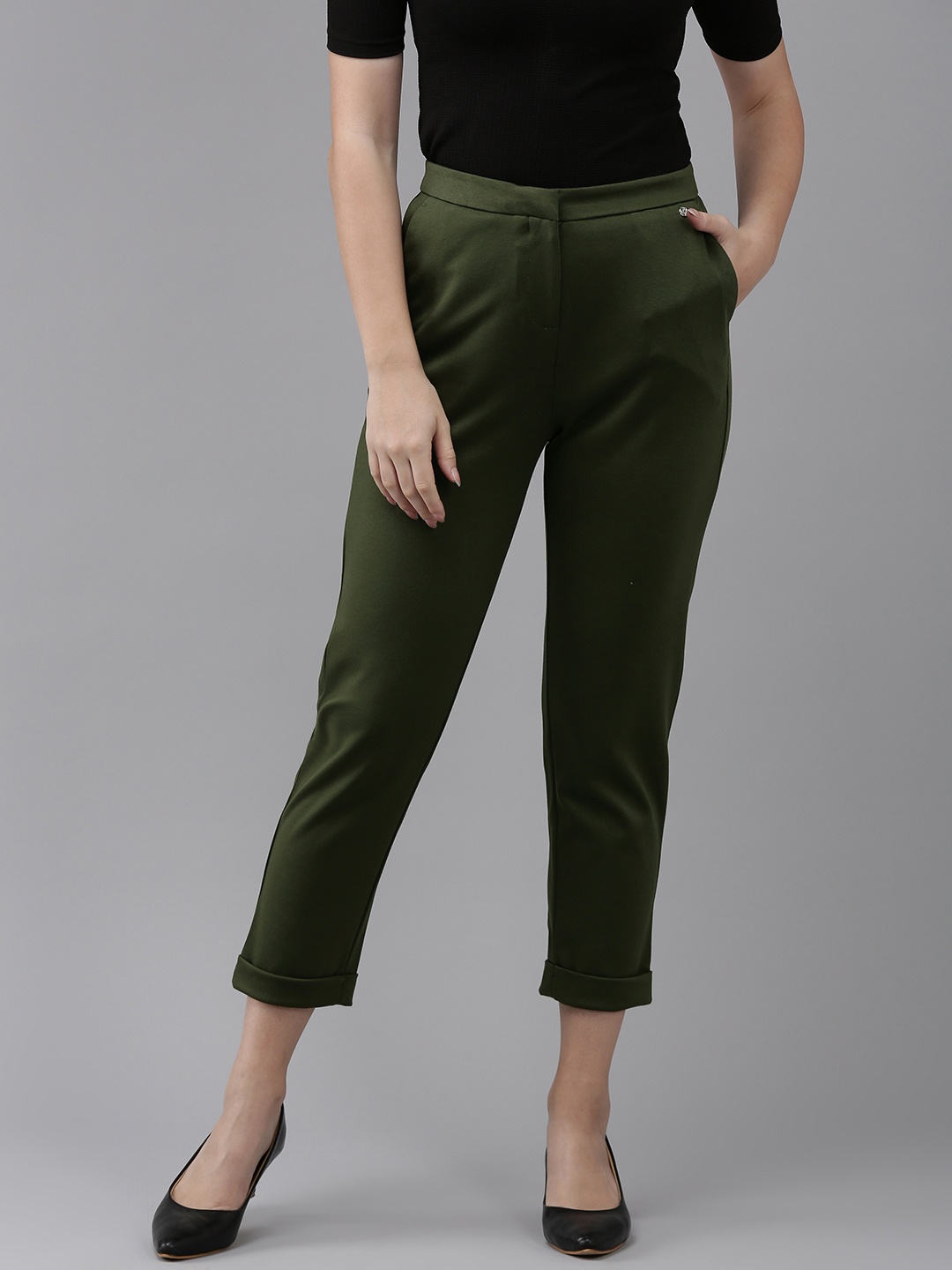 

Van Heusen Woman Flat Front Mid Rise Regular Trousers, Olive