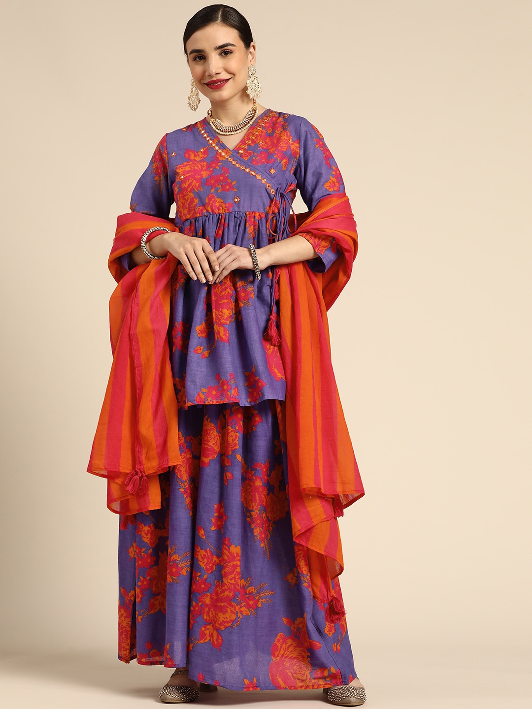 

Anouk Women Purple & Orange Pure Cotton Printed Angrakha Kurti with Palazzos & Dupatta