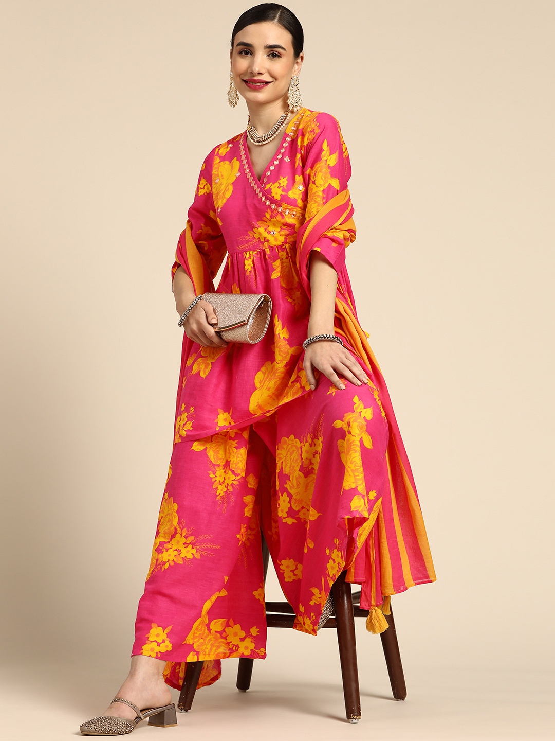 

Anouk Women Pink & Yellow Pure Cotton Printed Angrakha Kurti with Palazzos & Dupatta