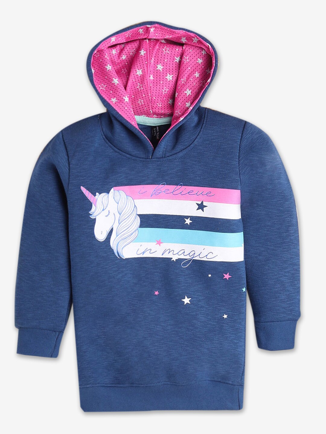 

Hopscotch Girls Navy Blue Printed Hooded Cotton Sweatshirt