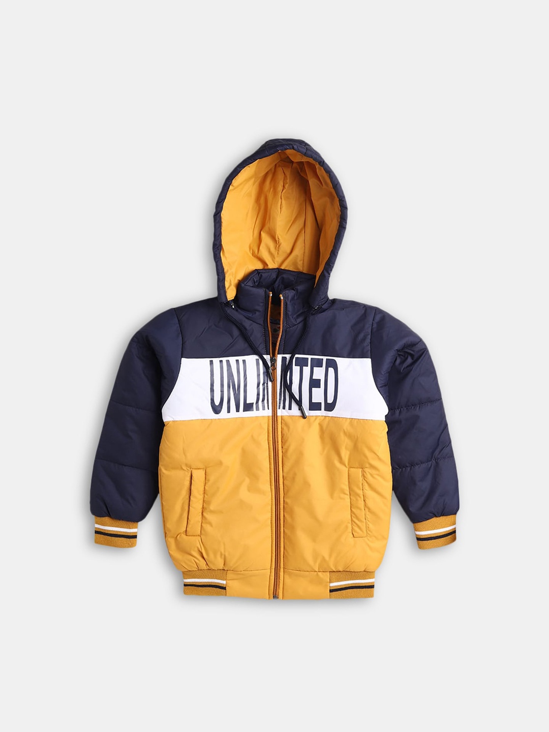 

Hopscotch Boys Blue Yellow Colourblocked Bomber Jacket