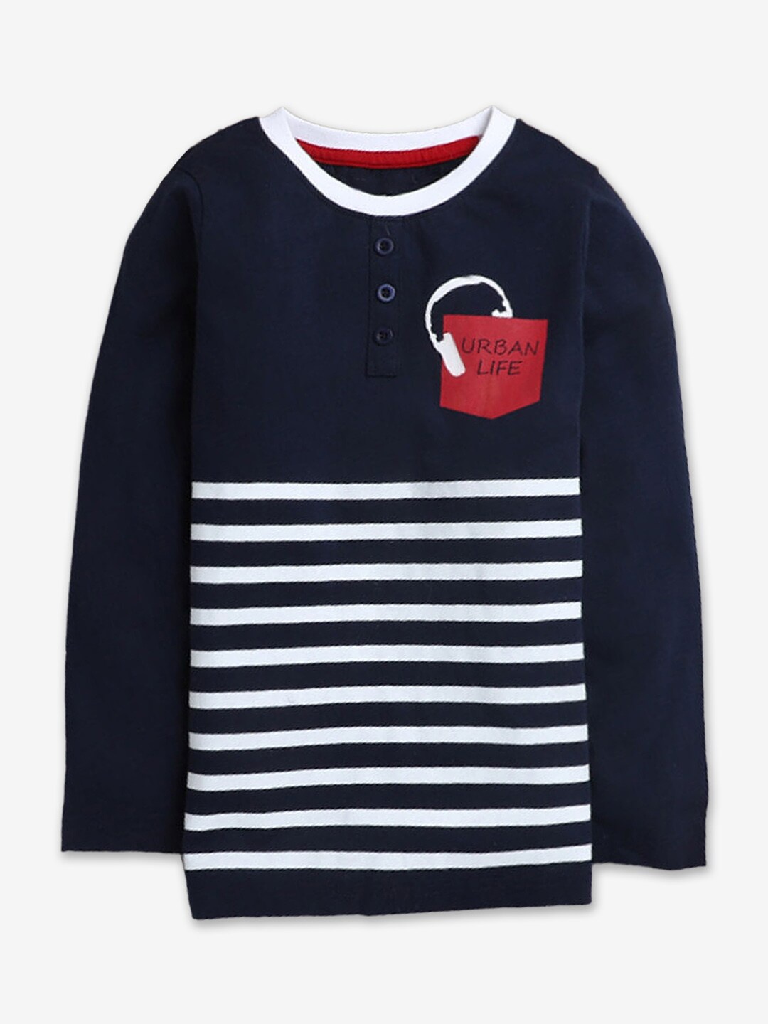 

Hopscotch Boys Navy Blue Striped Henley Neck Cotton T-shirt