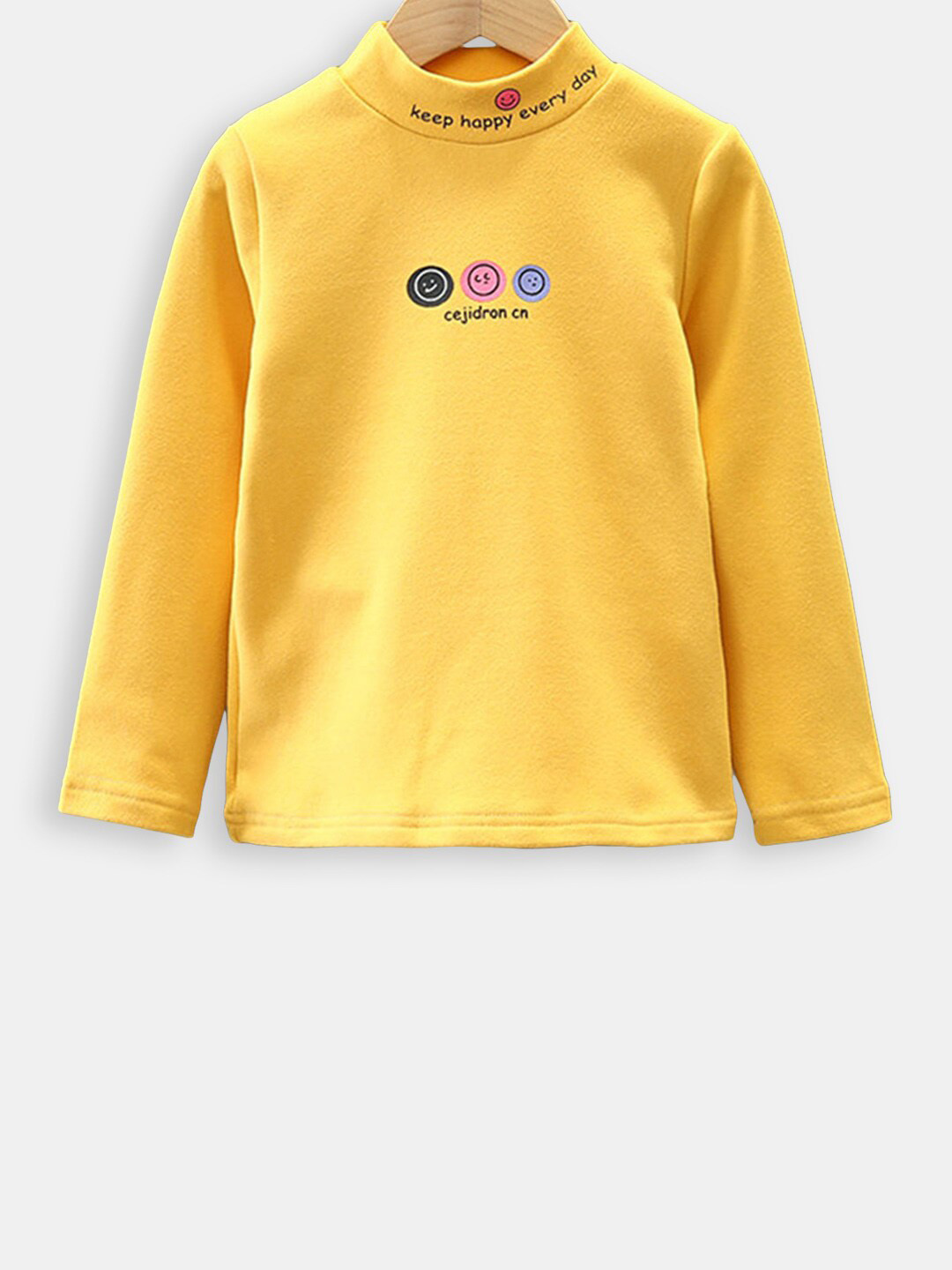 

Hopscotch Girls Yellow Typography Printed High Neck T-shirt