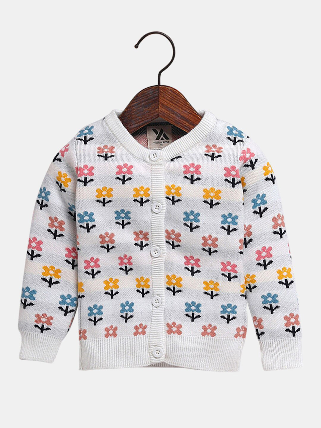 

Hopscotch Girls White & Yellow Floral Printed Long Sleeves Cardigan Sweater