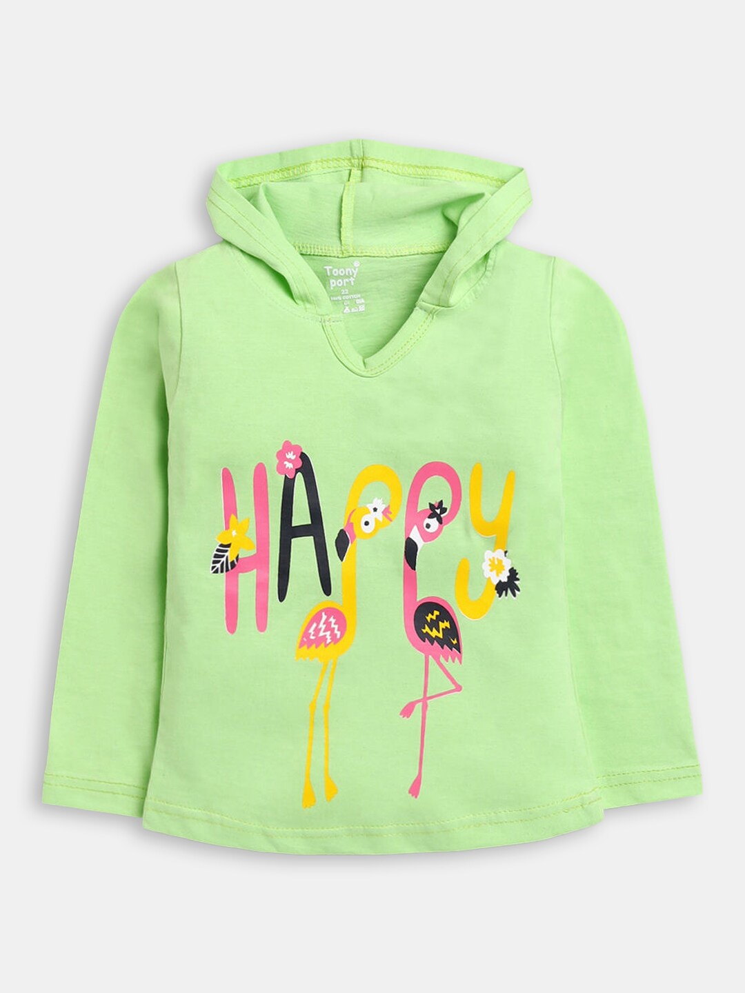 

Hopscotch Girls Green & Pink Graphic Print Hooded Cotton T-shirt