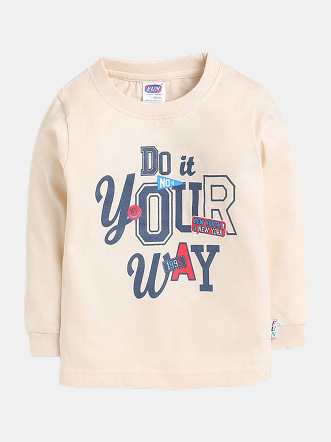 

Hopscotch Boys Beige & Blue Cotton Printed Round Neck T-shirt