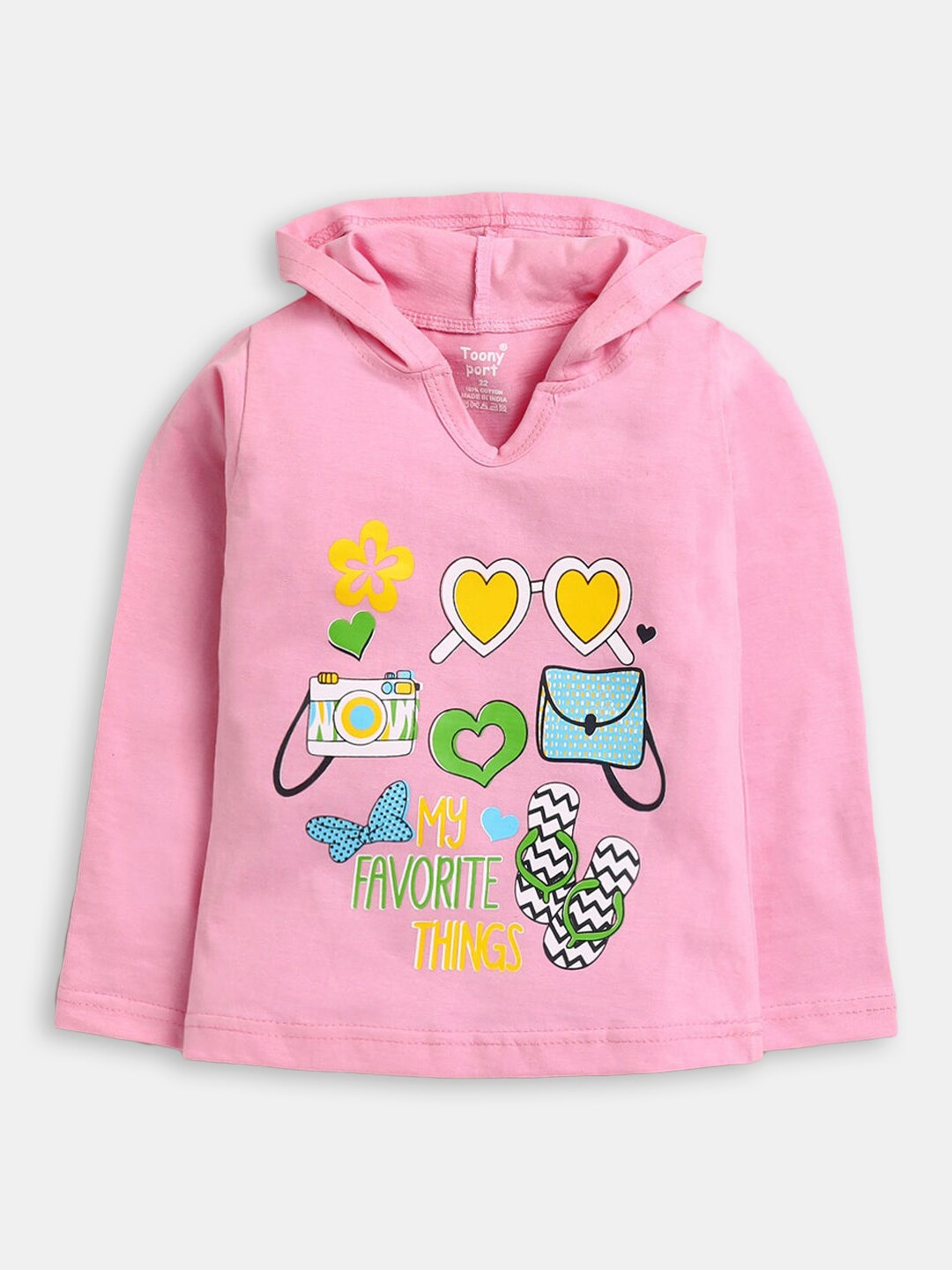 

Hopscotch Girls Pink & Yellow Printed Cotton Hooded T-shirt