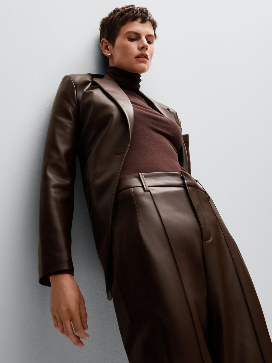 

MANGO Women Brown Solid Leather-Effect Oversized Sustainable Blazer