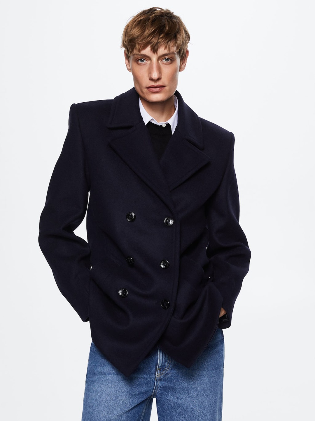

MANGO Women Navy Blue Notched Lapel Double Breasted Woollen Sustainable Overcoat