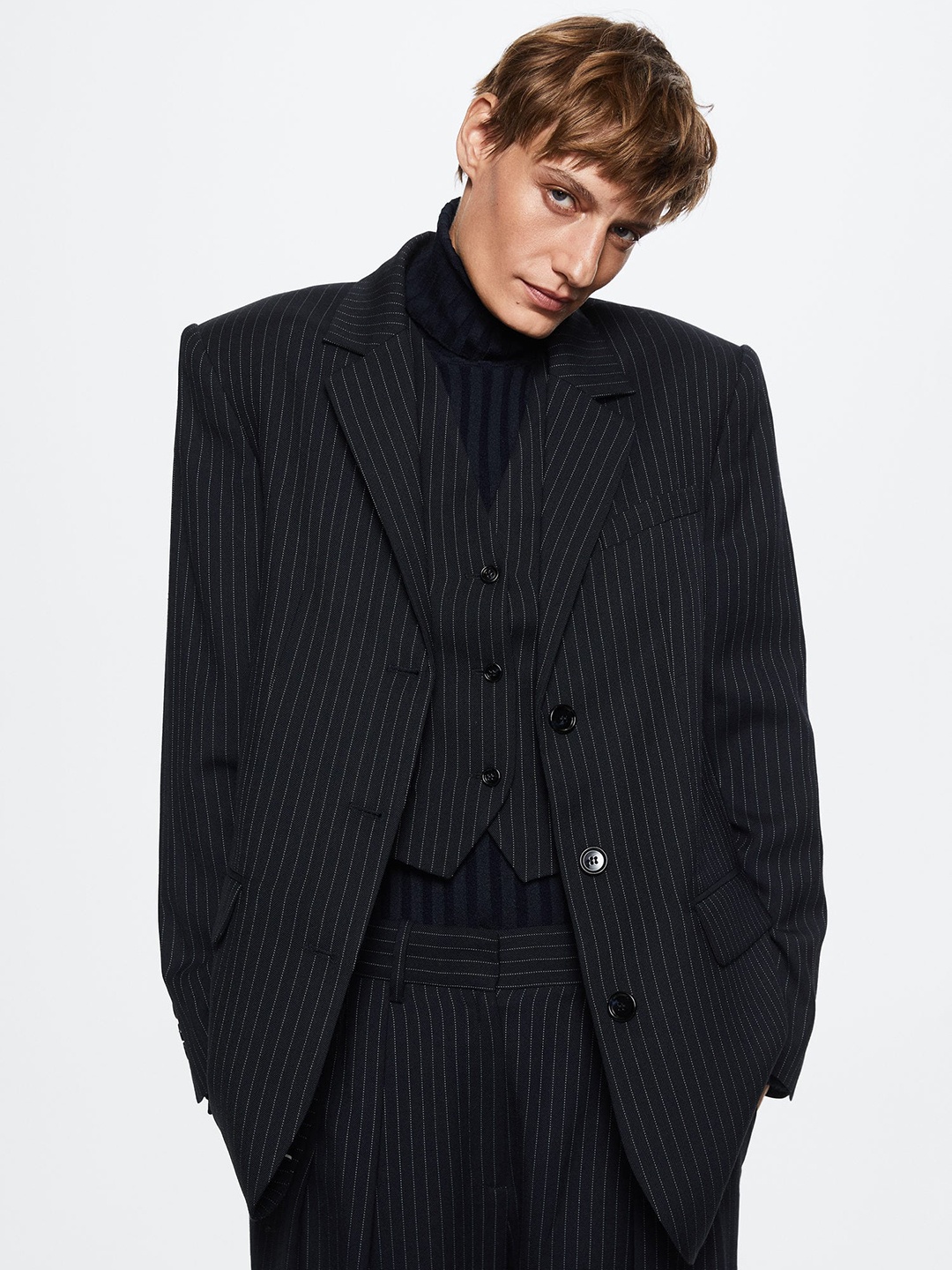 

MANGO Women Black Striped Notched Lapel Single Breasted Oversized Suit Blazer