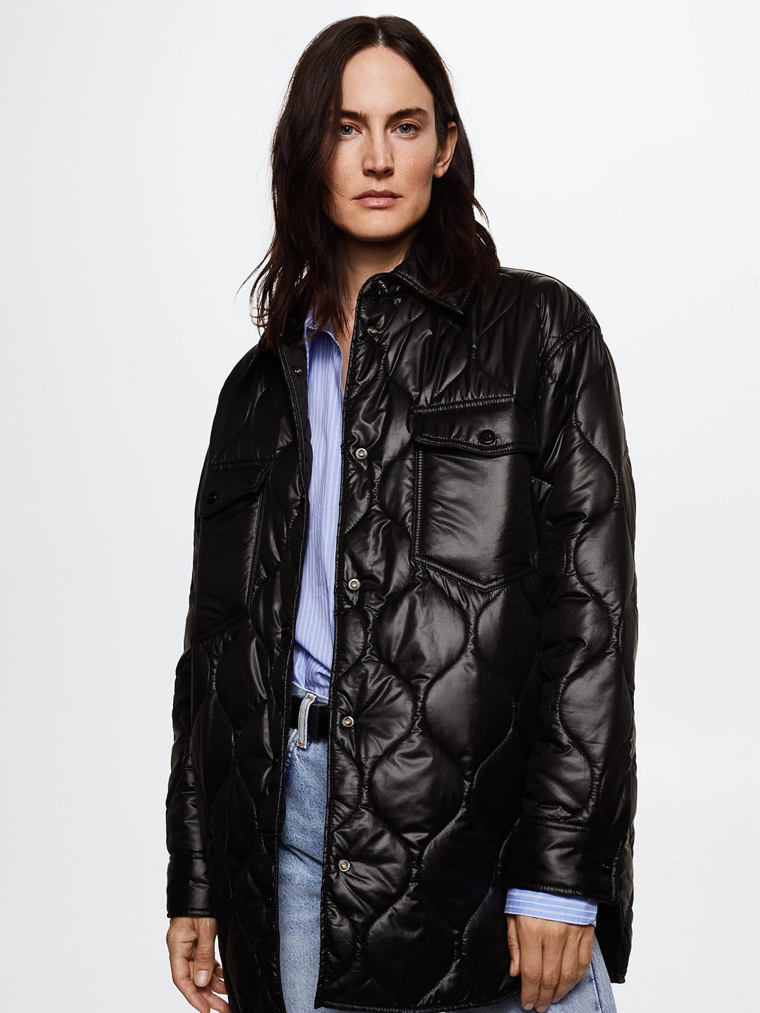 

MANGO Women Black Solid Quilted Oversized Sustainable Overshirt
