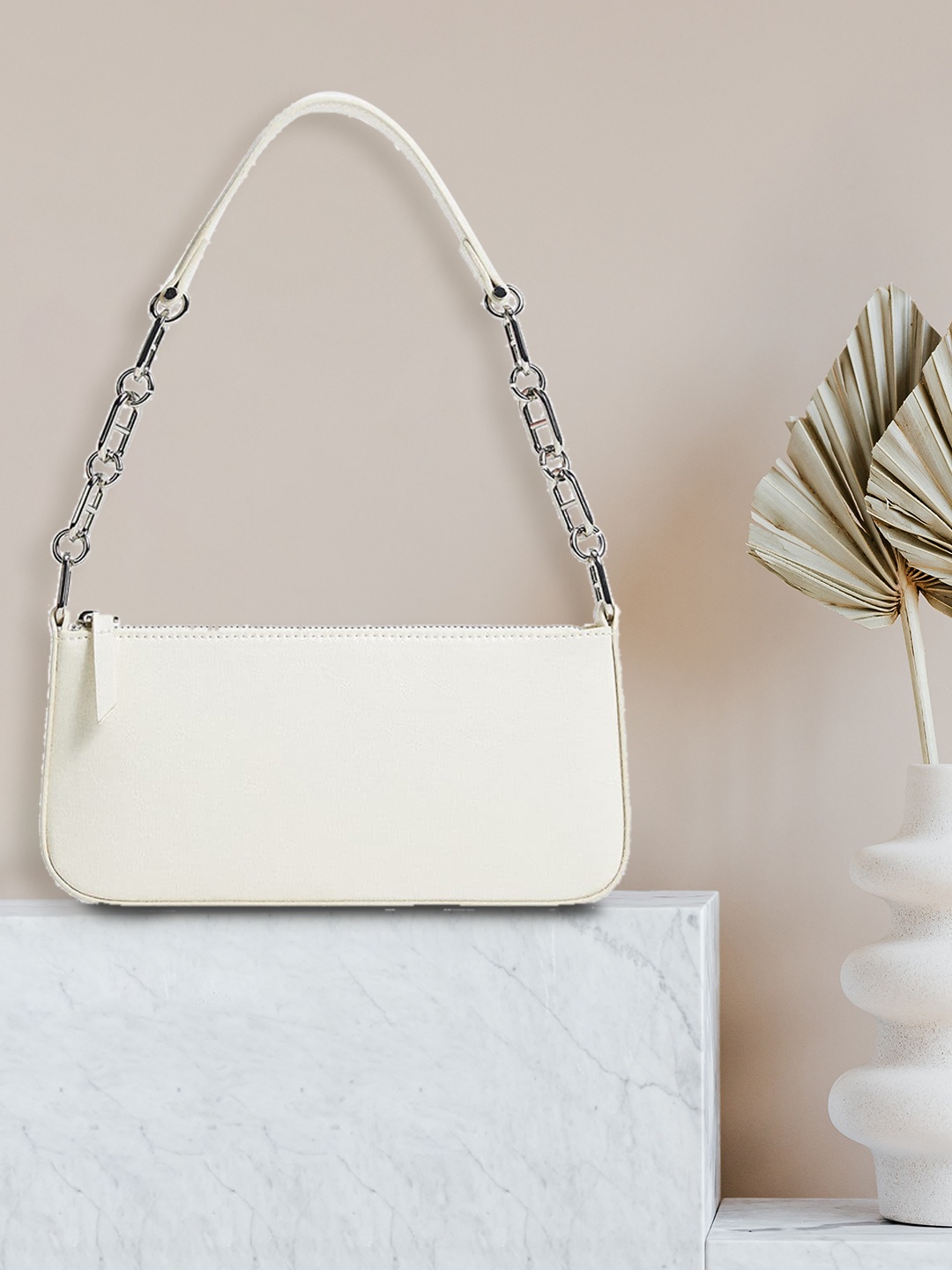 

MANGO Women White Solid Structured Baguette Bag