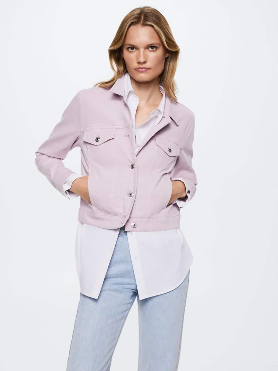 

MANGO Women Lavender Solid Pocketed Sustainable Denim Jacket