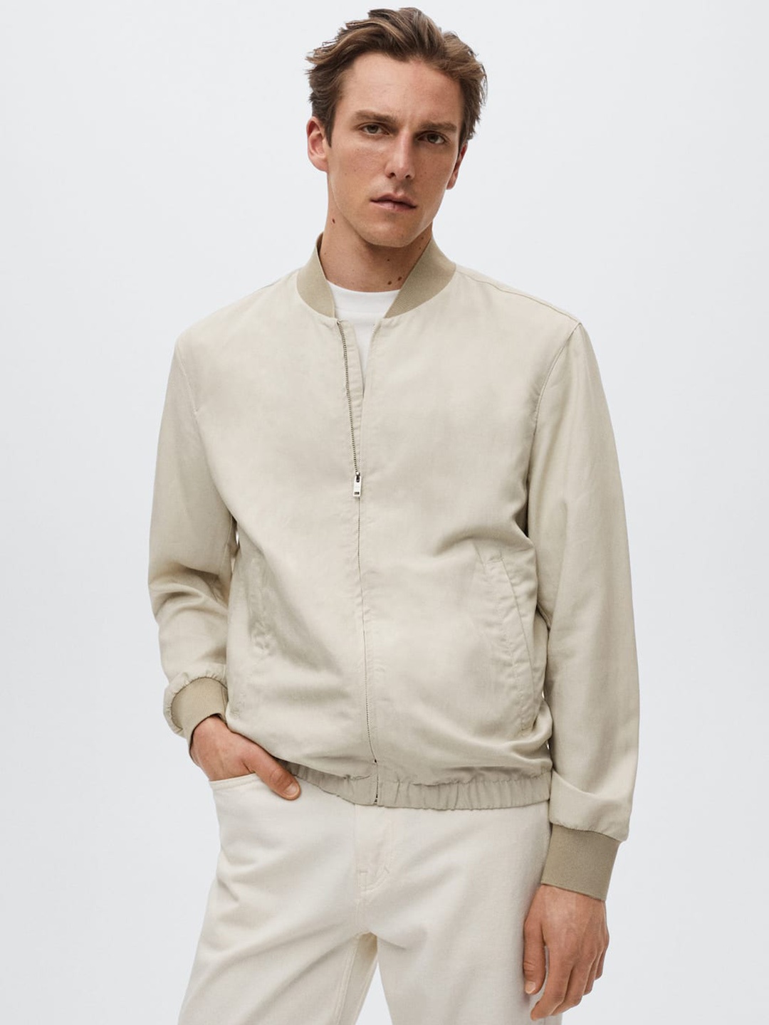 

MANGO MAN Off White Solid Performance Bomber Jacket