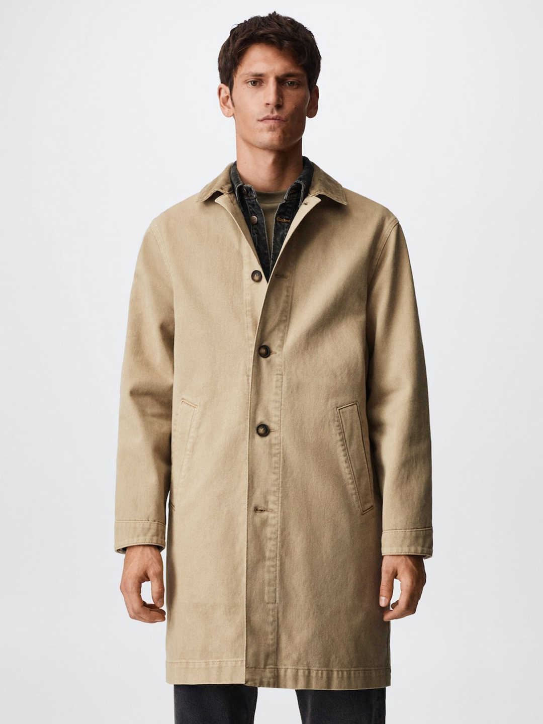 

MANGO MAN Men Beige Denim Sustainable Longline Trench Coat