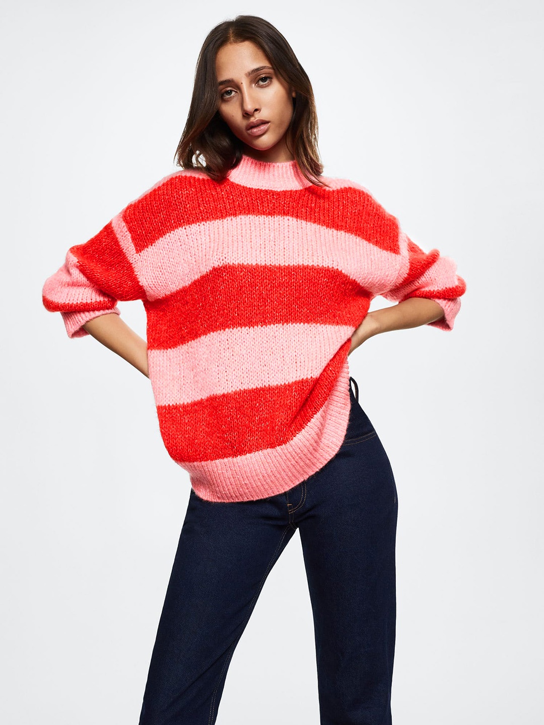 

MANGO Women Red & Pink Oversized Striped Drop Shoulder Sleeves Sustainable Pullover