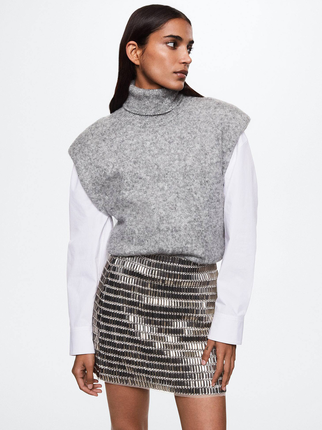

MANGO Women Grey Melange Padded Shoulder Pullover
