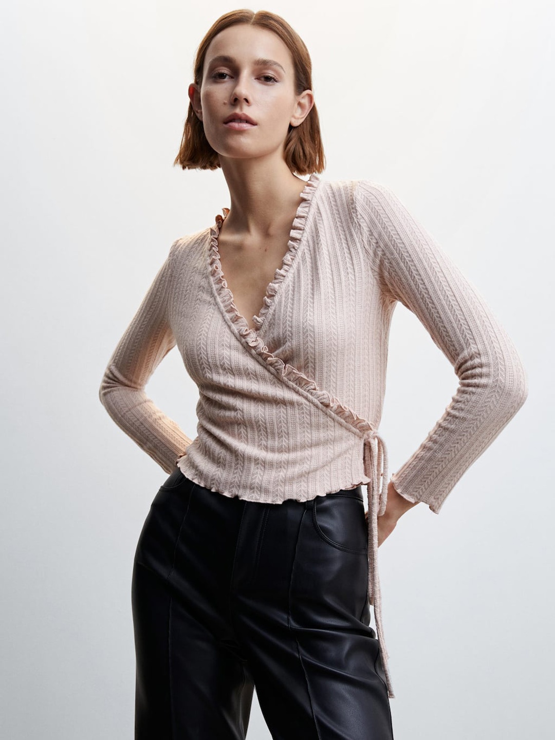 

MANGO Pink Self Design Ruffles Wrap Top