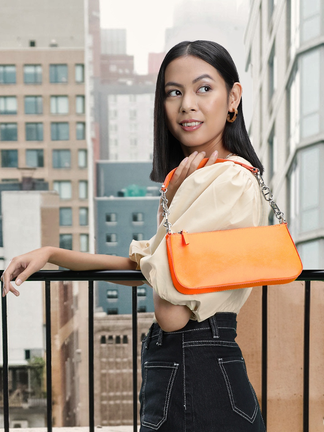 

MANGO Women Orange Solid Structured Baguette Bag