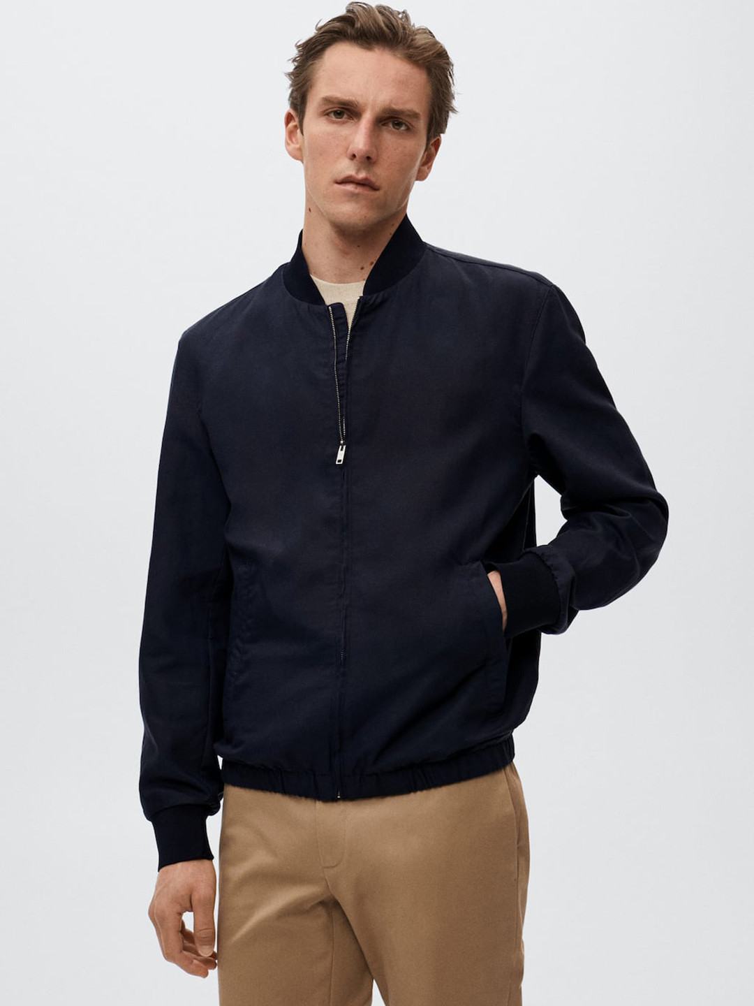 

MANGO MAN Navy Blue Solid Tencel Linen Bomber Sustainable Jacket