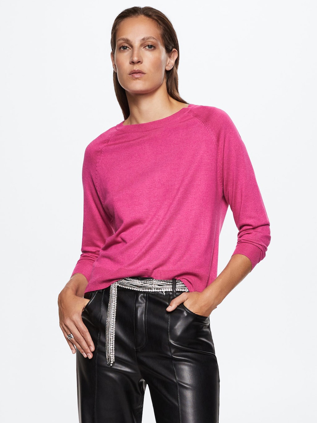 

MANGO Women Pink Solid Raglan Sleeves Knitted Sustainable Pullover
