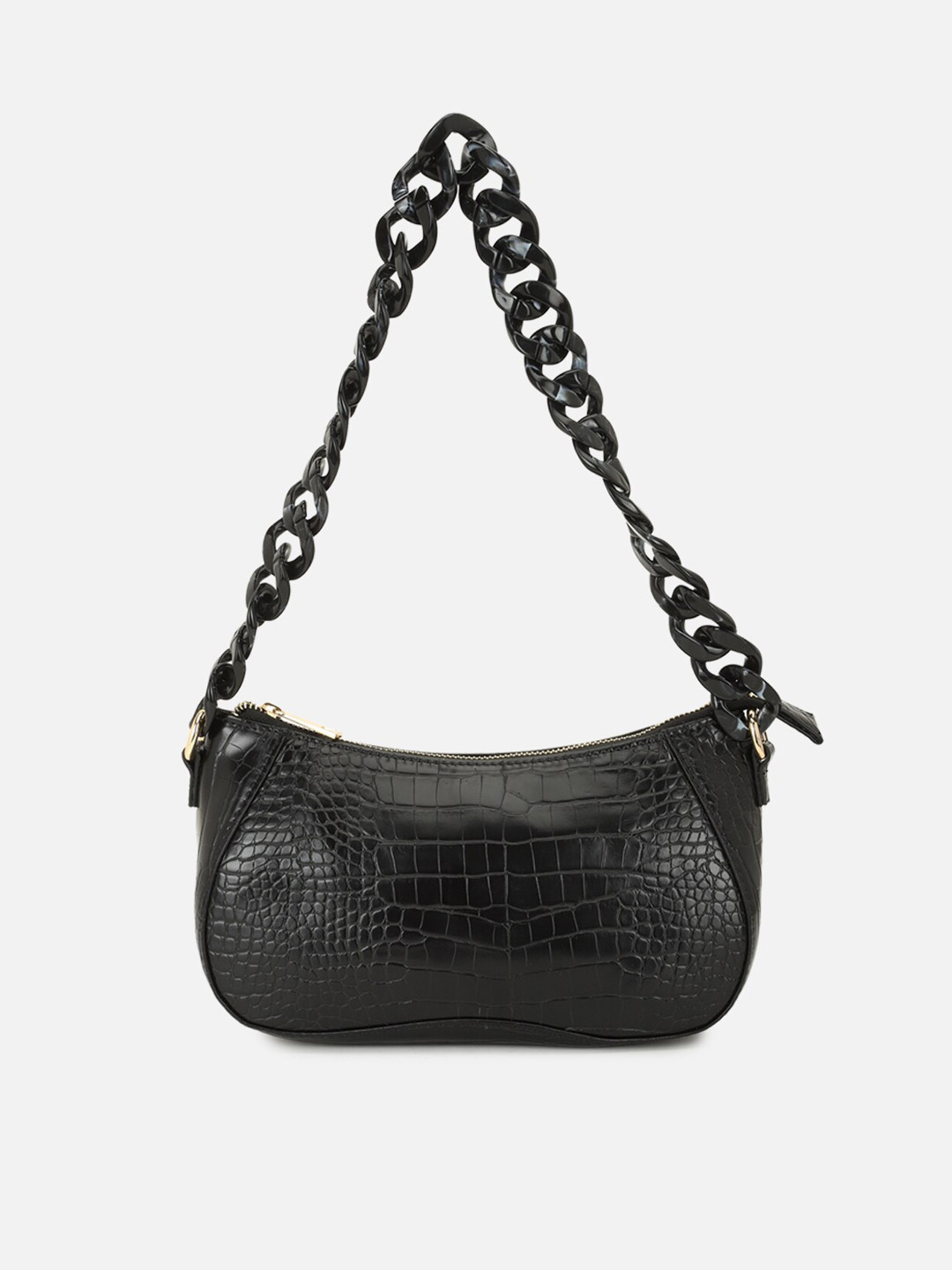 

FOREVER 21 Women Black Animal Textured Half Moon Hobo Bag