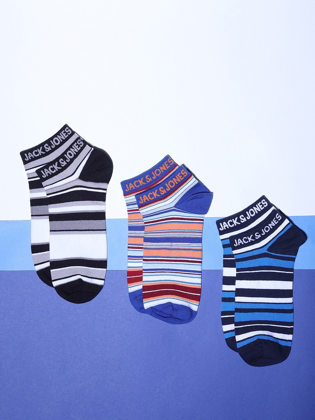 

Jack & Jones Men Pack Of 3 Black & Blue Striped Ankle-Length Socks