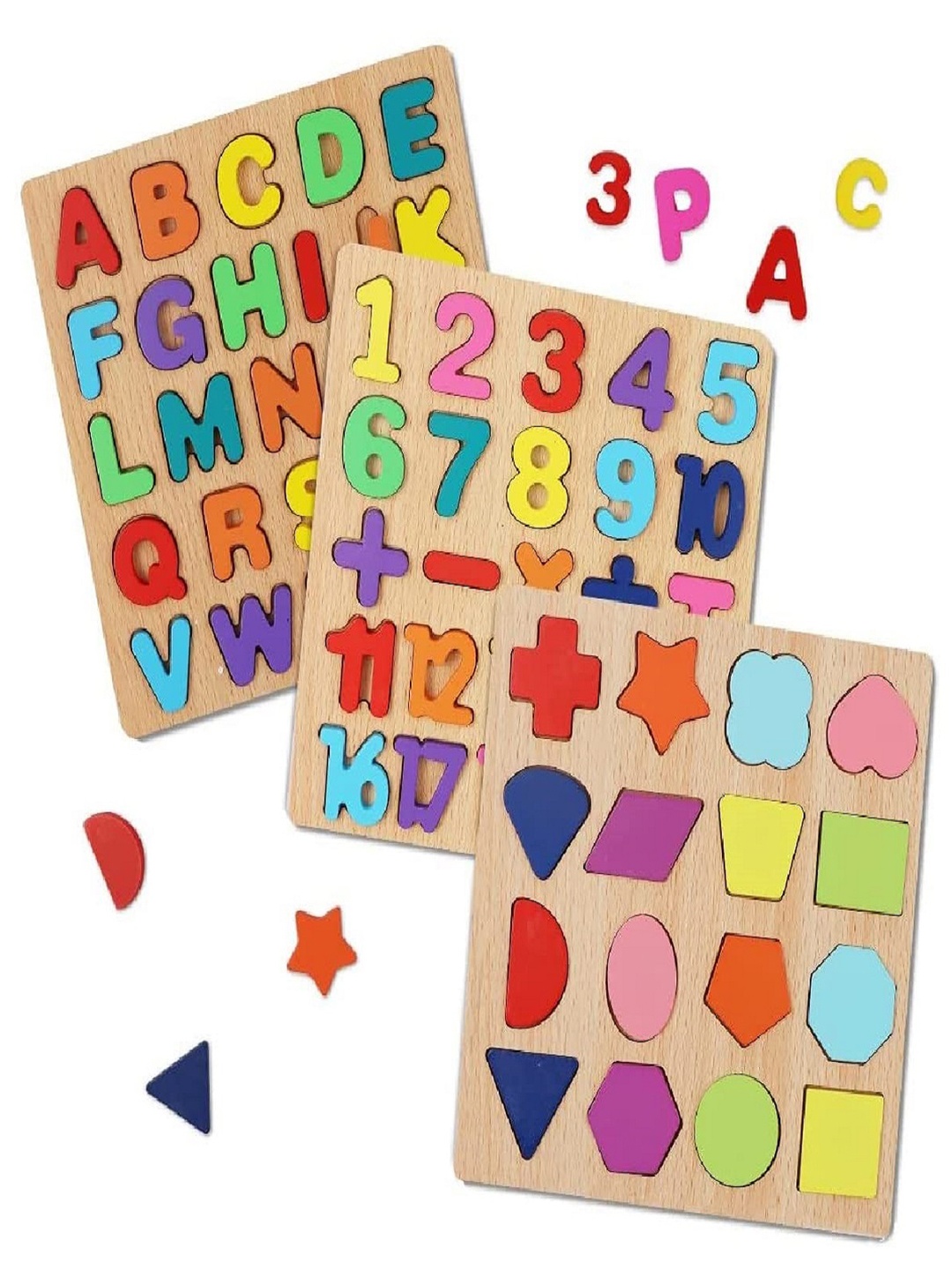 

CHOCOZONE Kids Set of 3 Brown Wooden Learning Board Alphabets, Numbers & Shapes Puzzle Toys