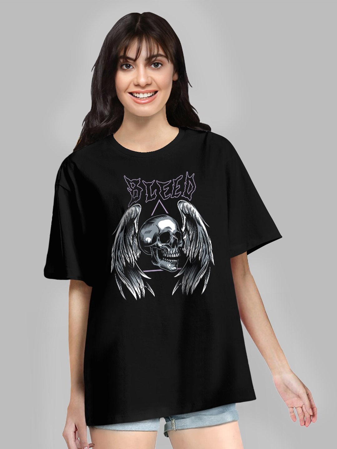Pootlu Women Black Printed Oversized Cotton T-shirt
