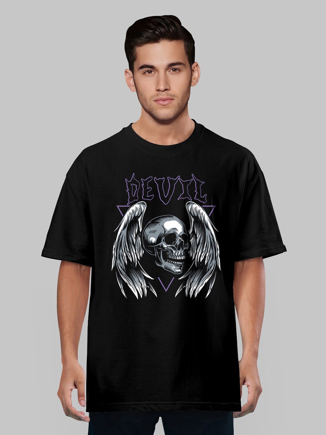 

Pootlu Men Black Checked Applique Oversized T-shirt