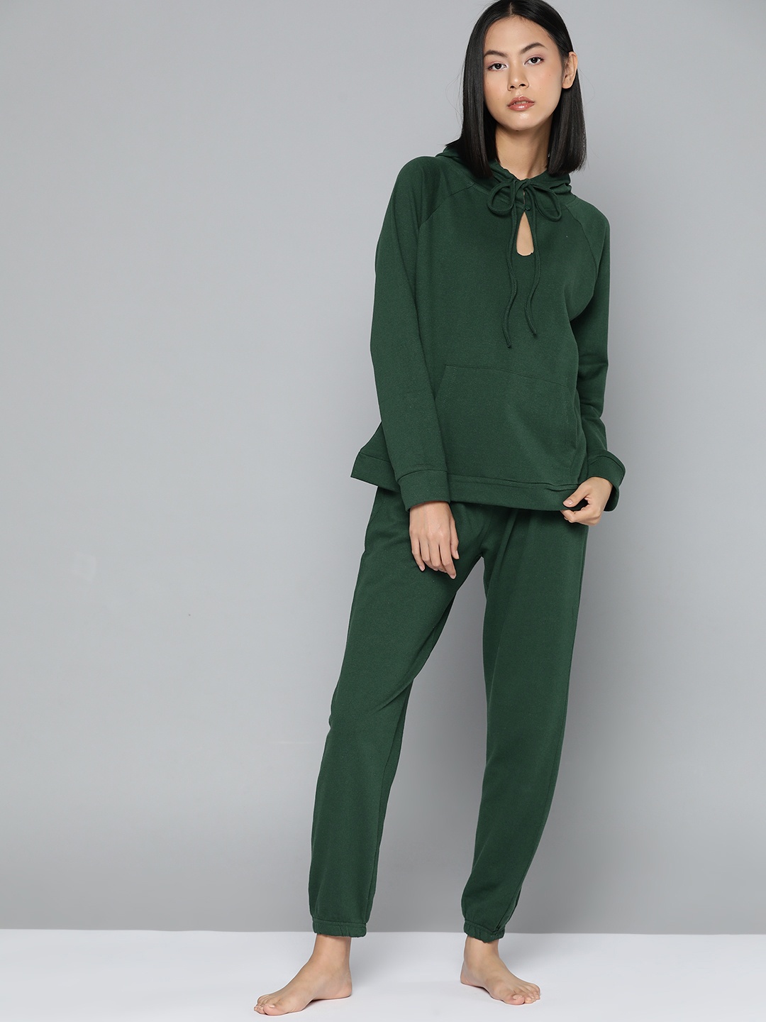 

ether Women Pure Cotton Keyhole Neck Hooded Co-Ords, Green