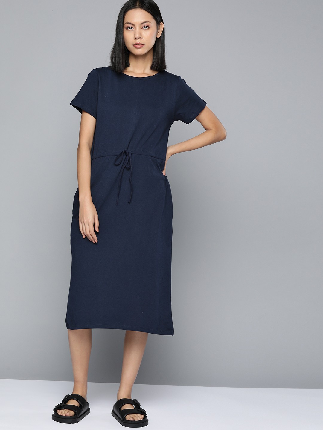 

ether Pure Cotton Knee Length A-Line Dress with Tie-up Detail, Navy blue