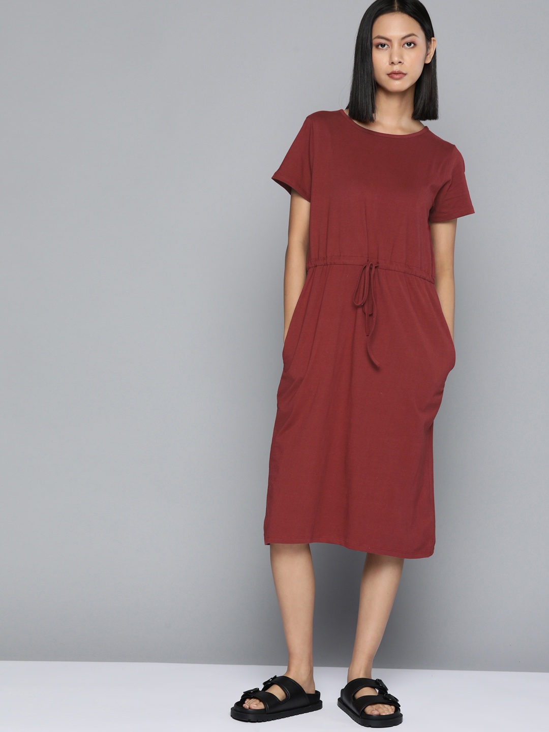 

ether Pure Cotton Knee Length A-Line Dress with Tie-up Detail, Maroon