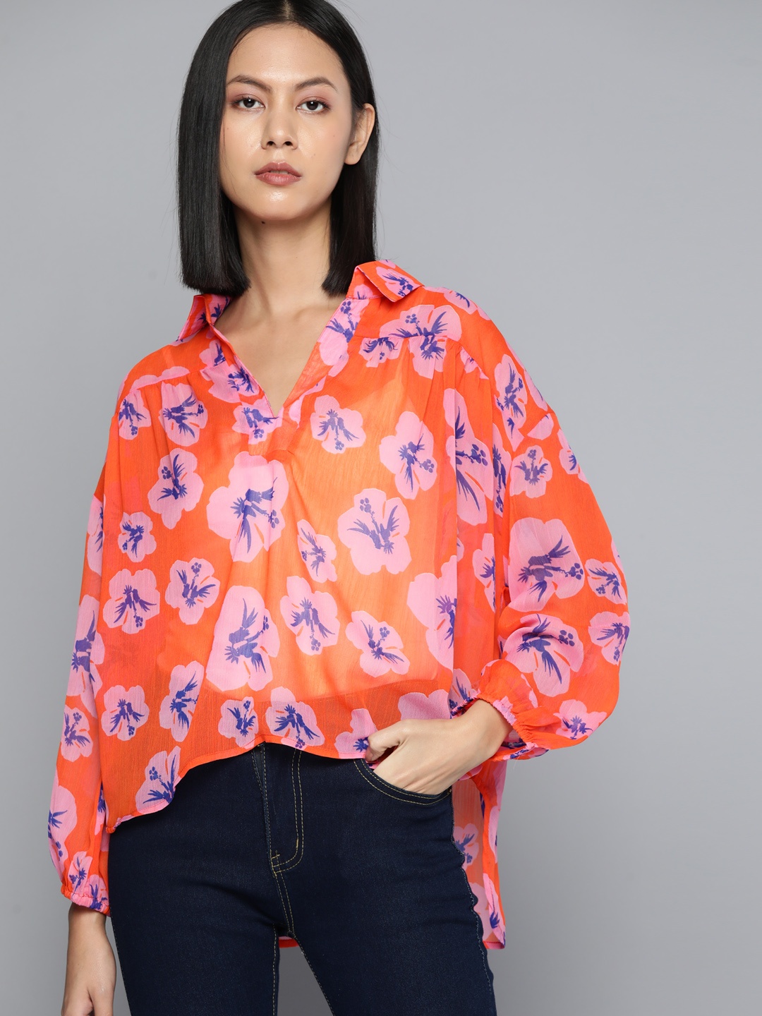 

ether Floral Print Shirt Collar Boxy Top, Orange