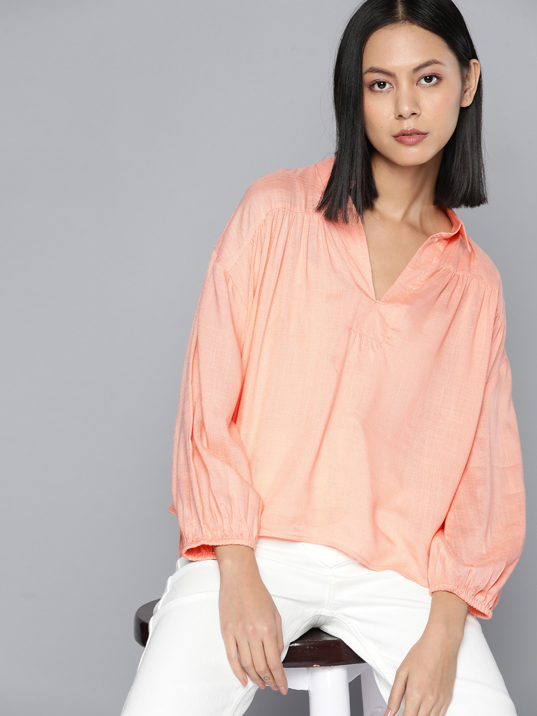 

ether Shirt Collar Boxy Top, Peach