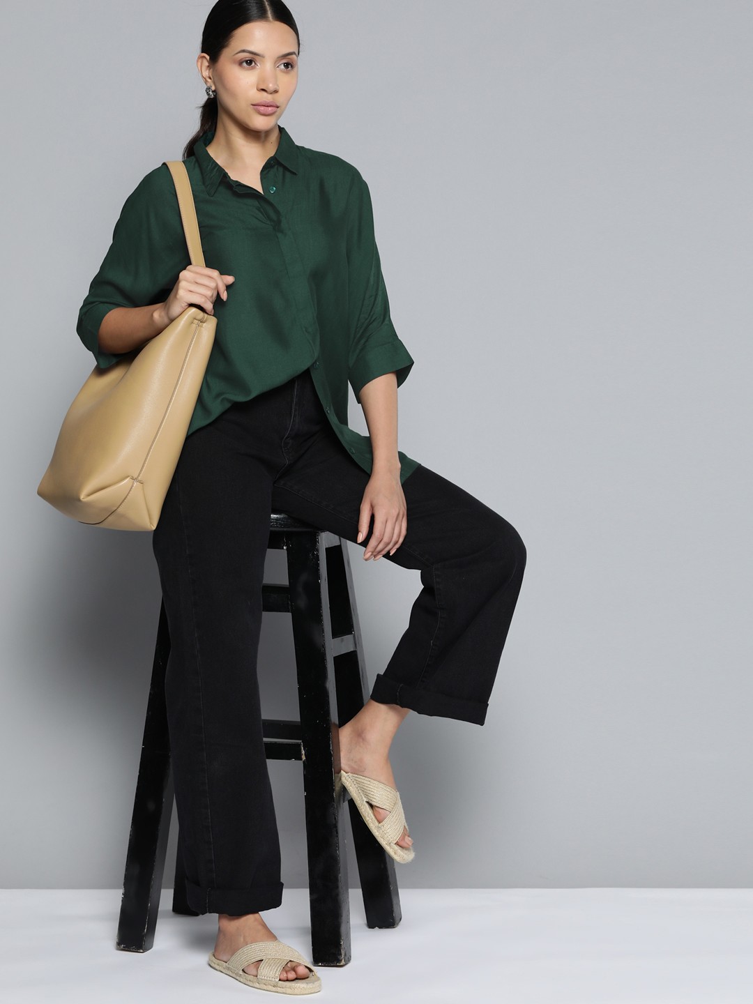 

ether Extended Sleeves Longline Casual Shirt, Green