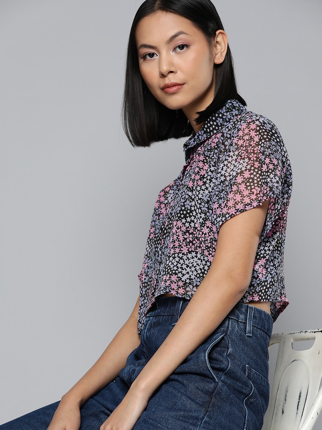 

ether Women Floral Printed Sheer Cropped Casual Shirt, Pink