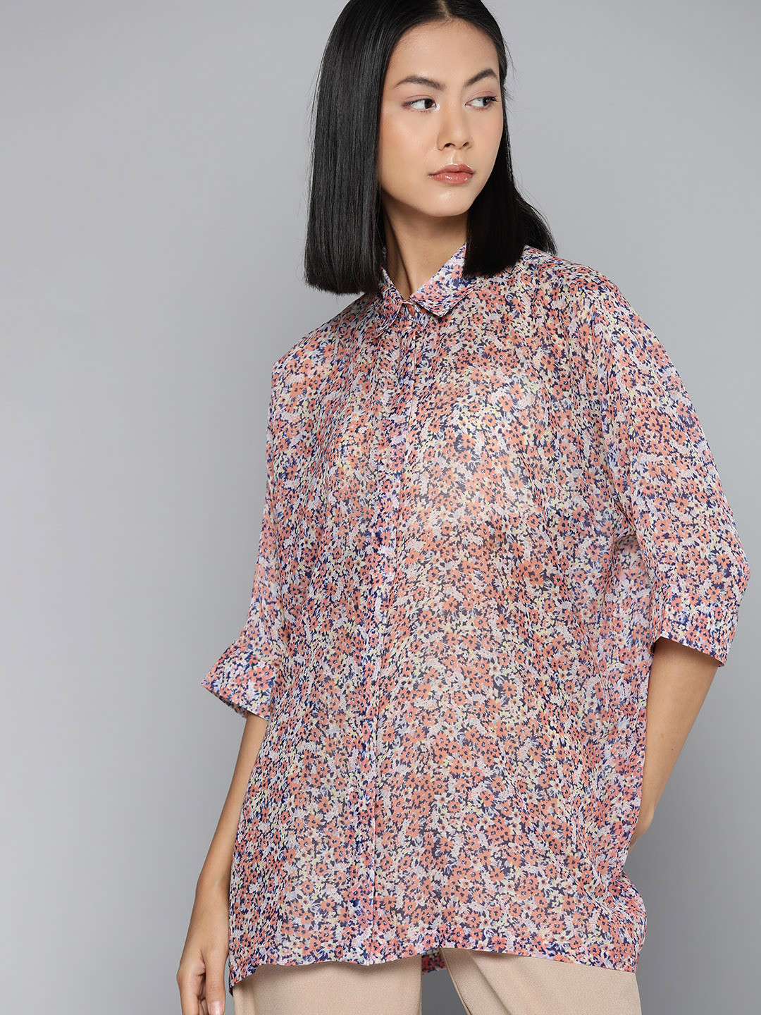 

ether Women Floral Semi Sheer Printed Casual Shirt, Pink