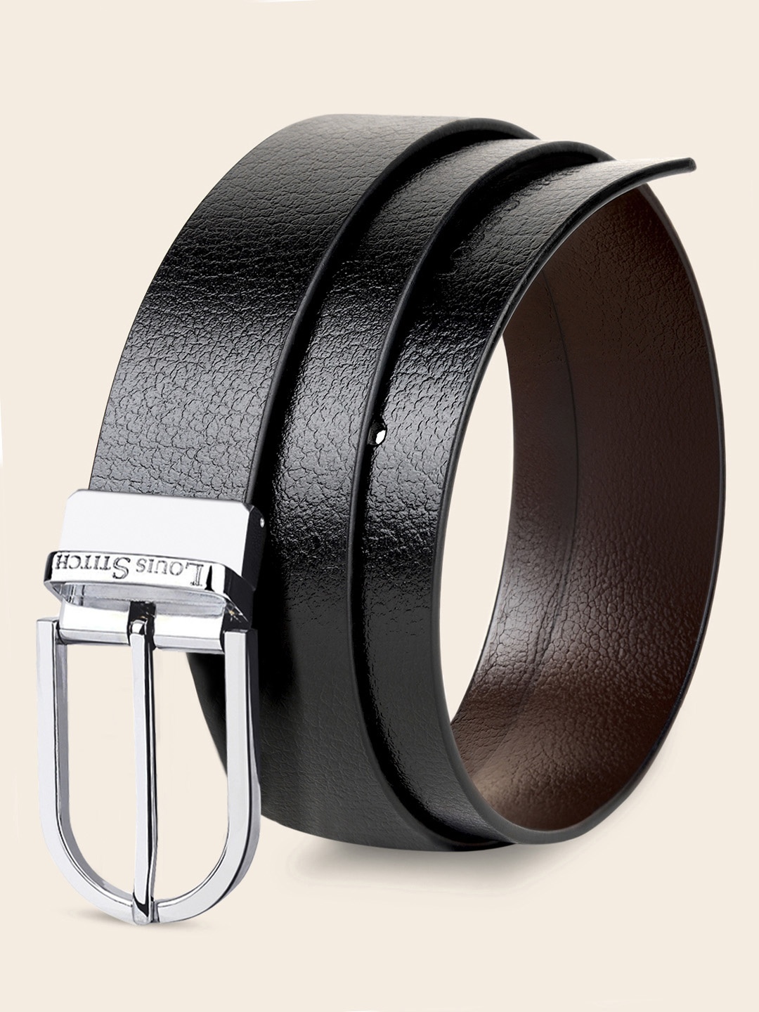 

LOUIS STITCH Men Italian Leather Textured Reversible Belt, Black