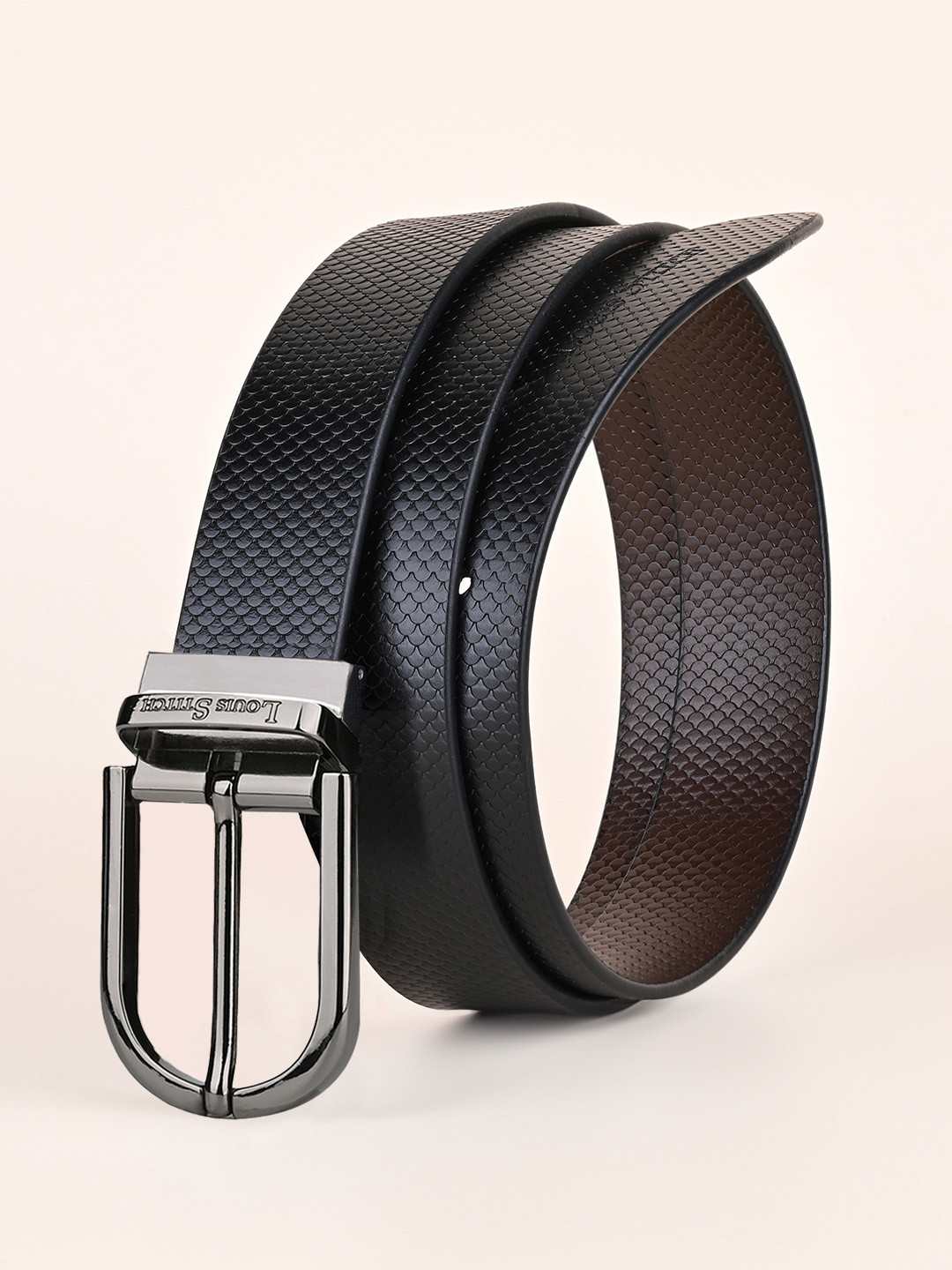 

LOUIS STITCH Men Italian Leather Textured Reversible Belt, Black