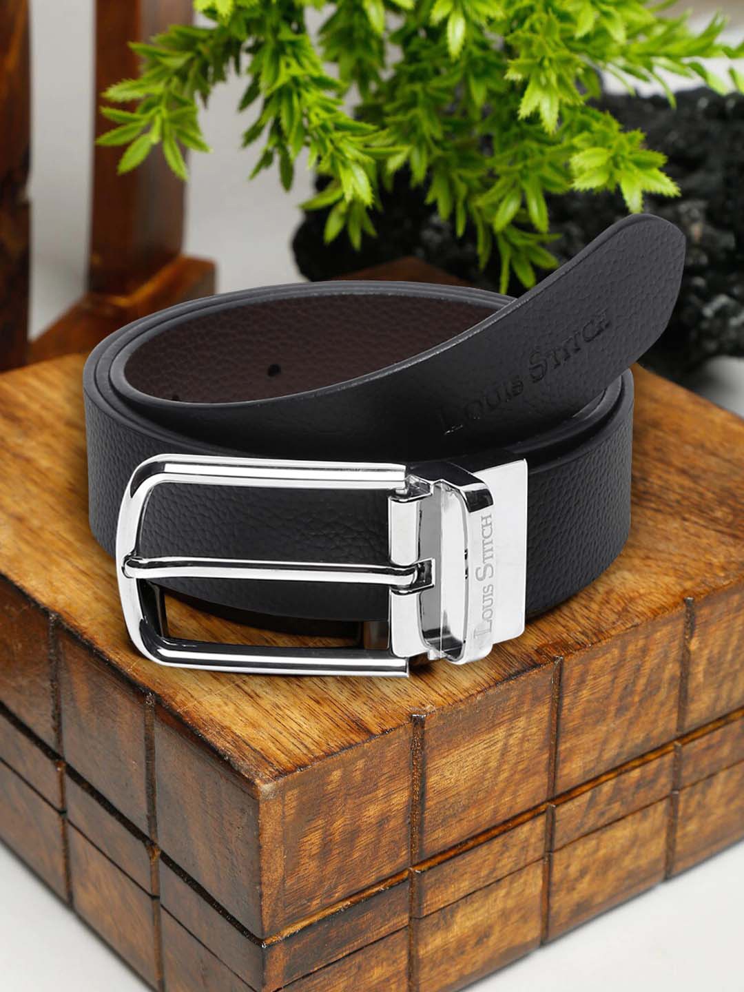 

LOUIS STITCH Men Italian Leather Textured Reversible Belt, Black