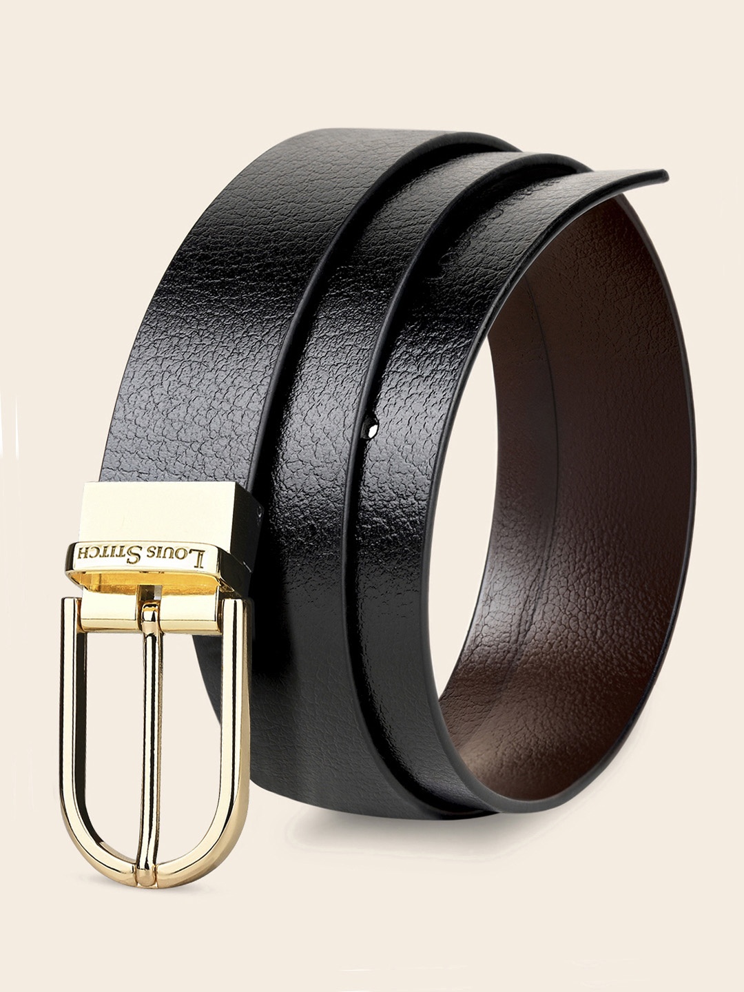 

LOUIS STITCH Men Italian Leather Textured Reversible Belt, Black