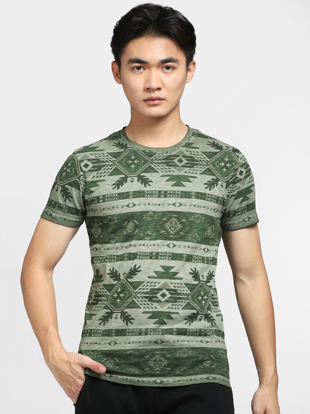 

Jack & Jones Men Green Printed Slim Fit T-shirt