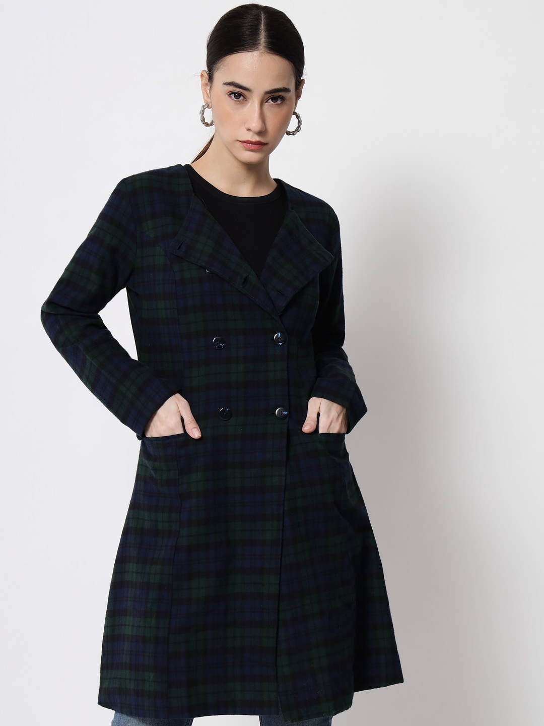 

CHARMGAL Women Blue & Green Checked Pure Cotton Overcoat