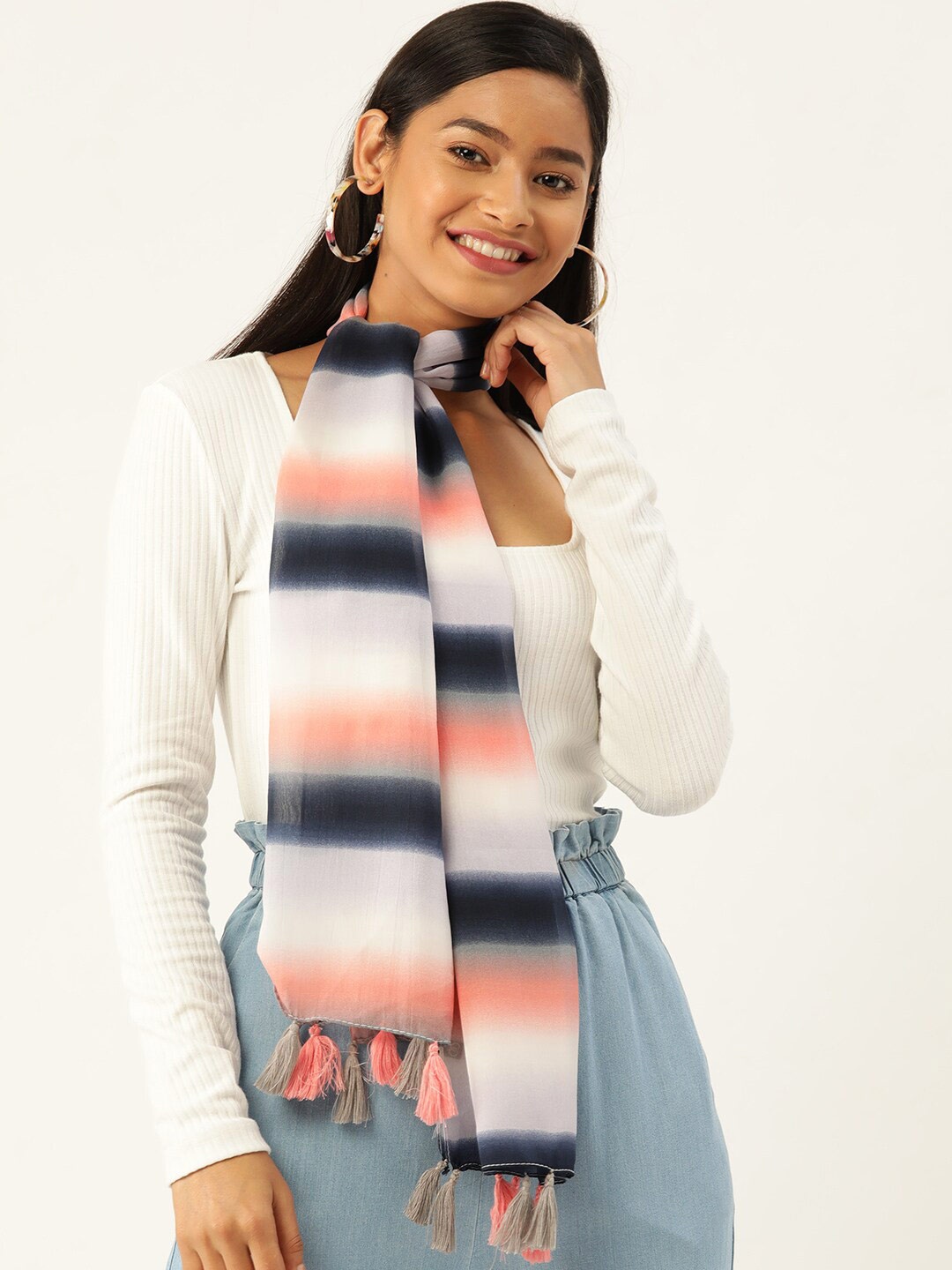 

Trend Arrest Women Peach-Coloured & White Striped Scarf