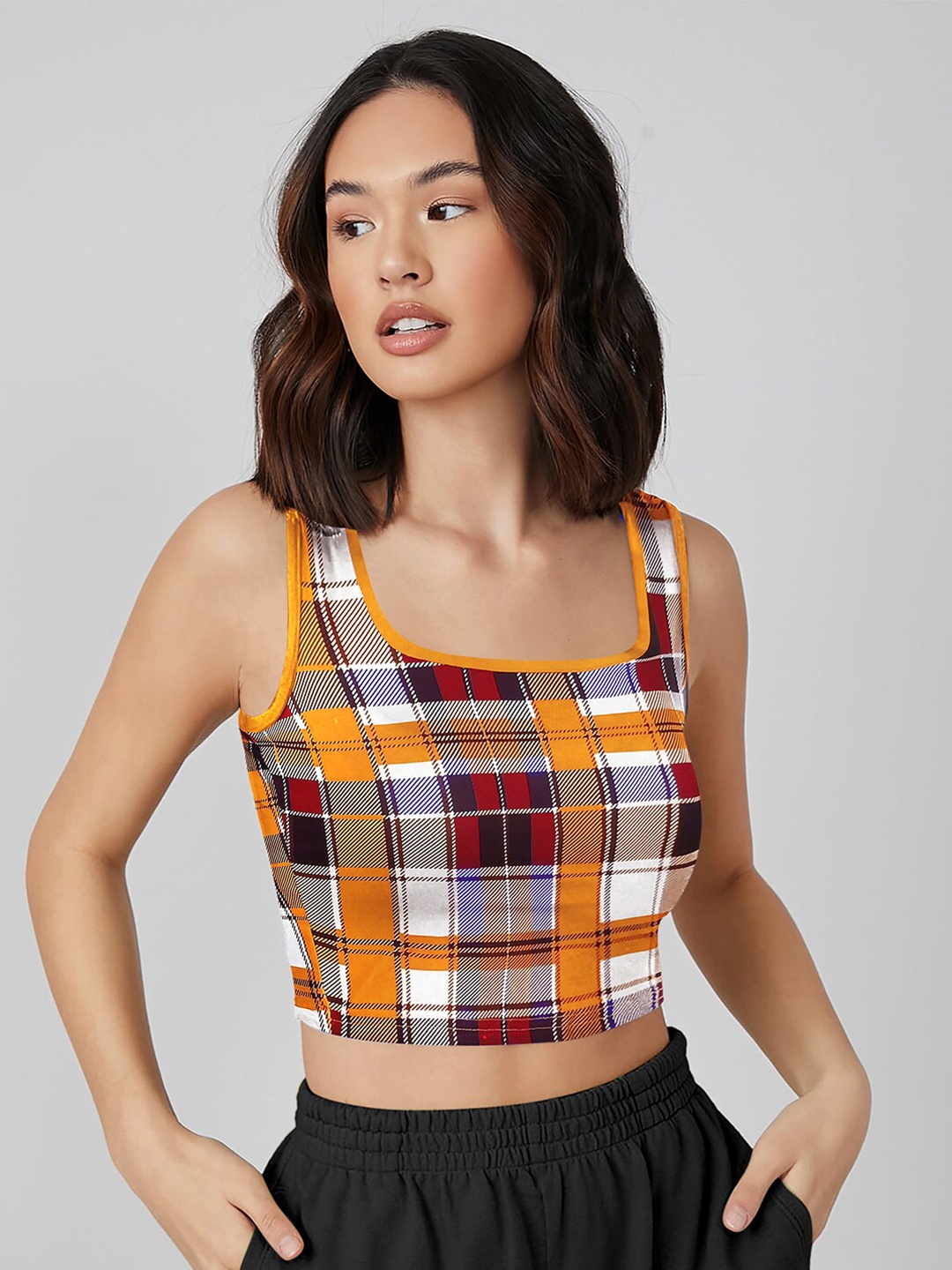 

LONDON BELLY Mustard Yellow & Red Checked Printed Tank Crop Top